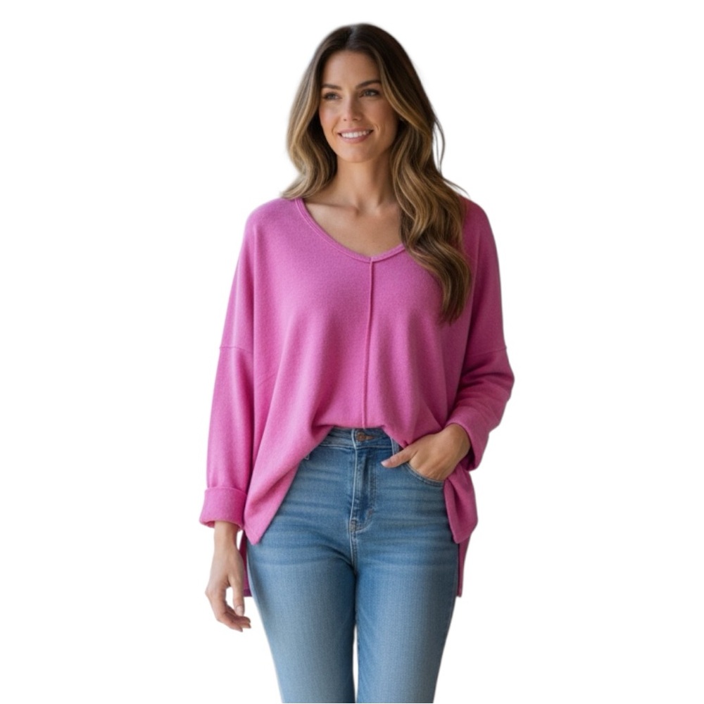 Zenana Brushed Hacci Exposed Seam Hi Low Sweater